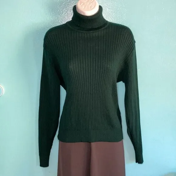Jaeger Womens Size M Vintage Fitted Green Wool Rib Knit Pullover Turtleneck Top - Picture 1 of 11
